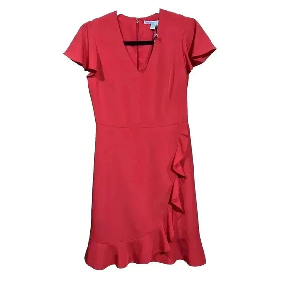 DRAPER JAMES Shift Faux Wrap Dress Womens Size 2 Red Flutter Sleeve Feminine - Picture 1 of 16